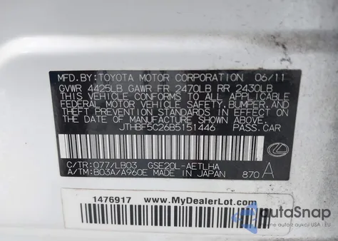 2011 Lexus Is 250 from USA, damaged, VIN JTHBF5C26B5151446